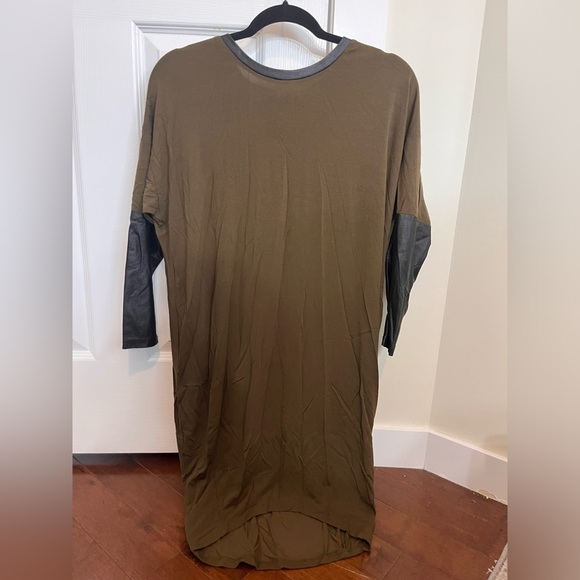 Olive Green Mini Dress with Faux Leather Sleeves and Trim, size small - Picture 2 of 5